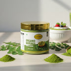 Jar of organic moringa powder with leaves and a bowl in the background