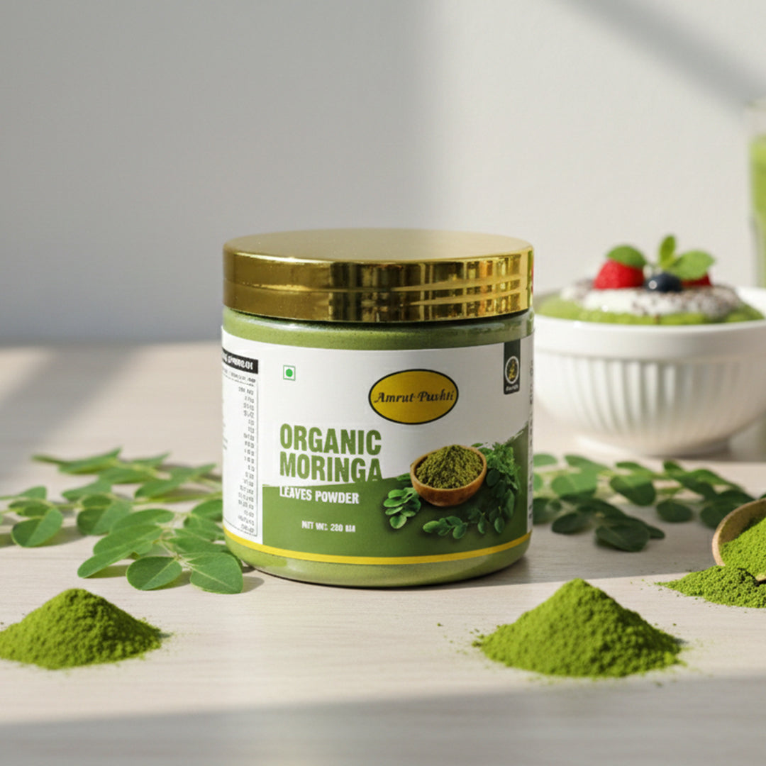 Jar of organic moringa powder with leaves and a bowl in the background