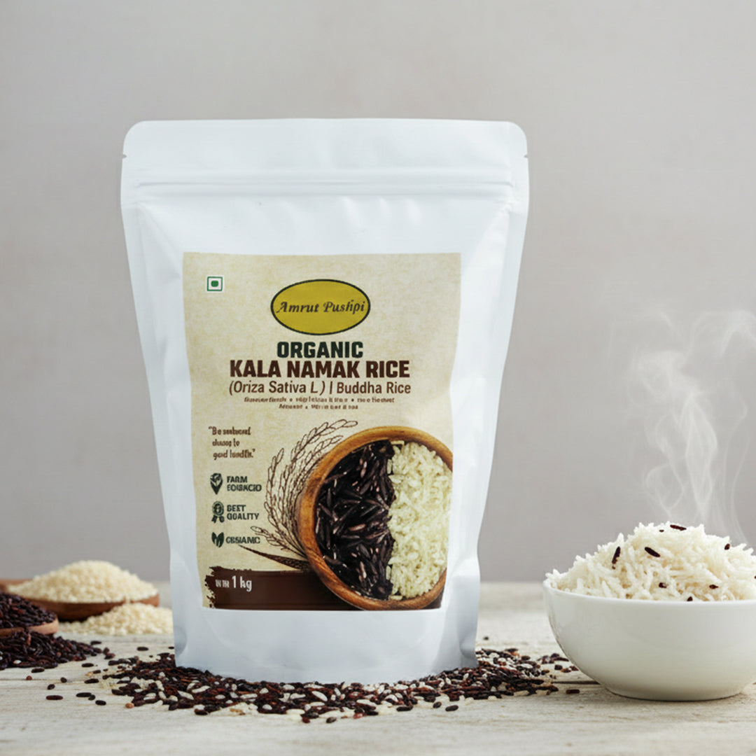 Package of Organic Kala Namak Rice with rice and ingredients on a light background